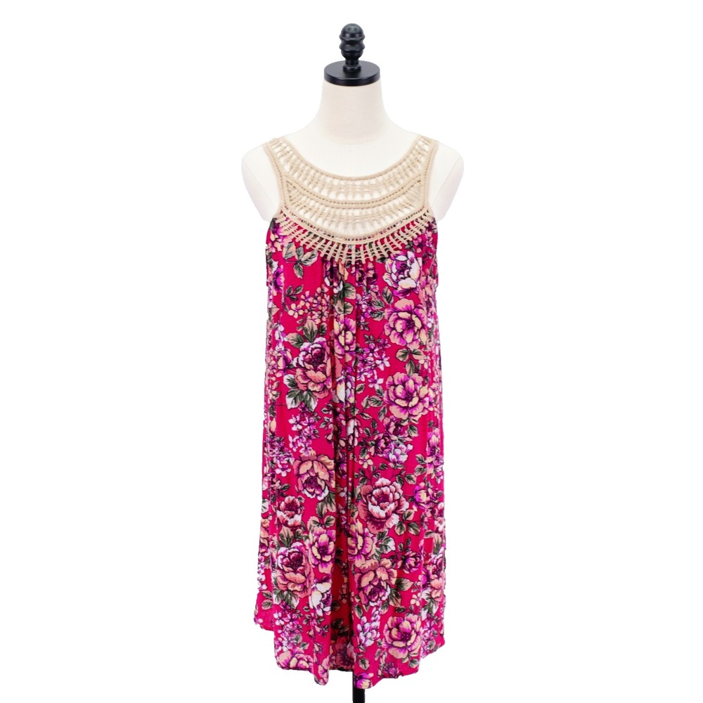 Naif -Large- Pink Floral Shift Dress Crocheted Neckline Lined Rayon Polyester‎